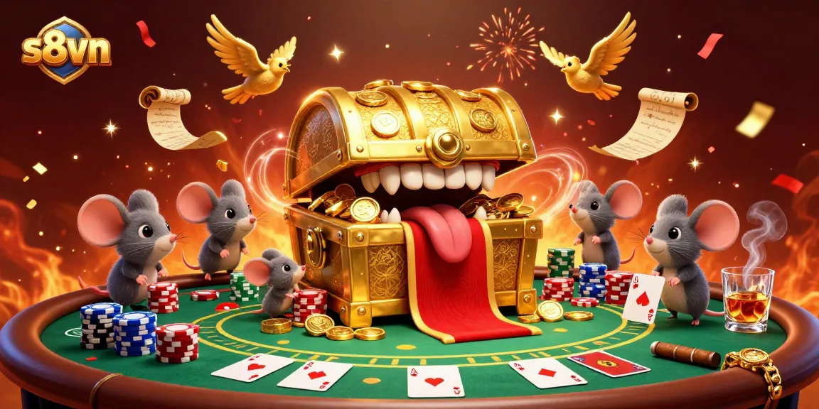 Engage with the captivating s8vn casino scene featuring a treasure chest enticing adventurer mice and dynamic poker elements.
