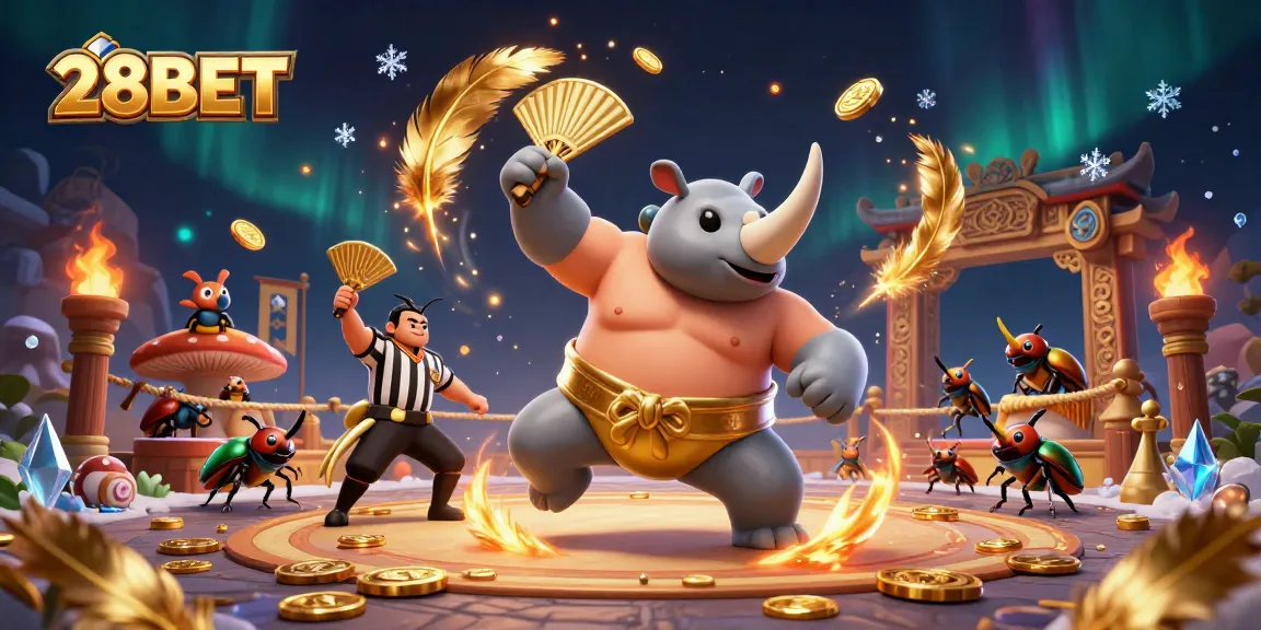 28BET casino scene with a rhinoceros beetle sumo champion and golden coins flying in a dynamic atmosphere