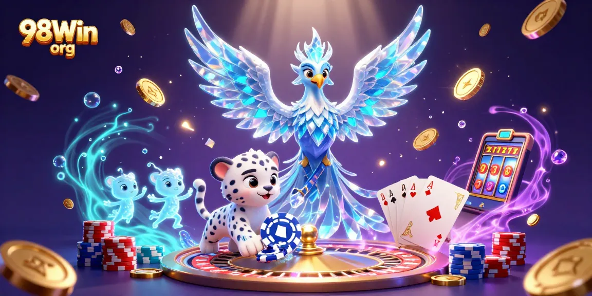Experience excitement at 98Win org with a dazzling 3D casino scene featuring engaging characters.