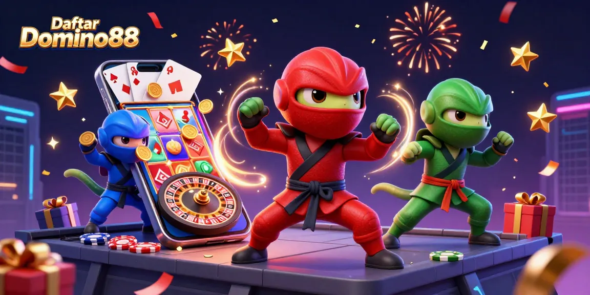 Engage with Daftar Domino88 for an exhilarating 3D illustration showcasing casino excitement and gameplay dynamics.