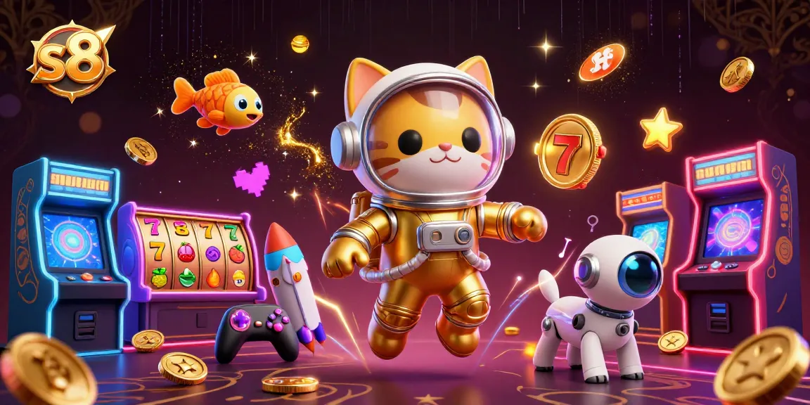S8 casino scene showcasing a space cat and robot dog amid slot games and vibrant nebula, engaging players with dynamic action.