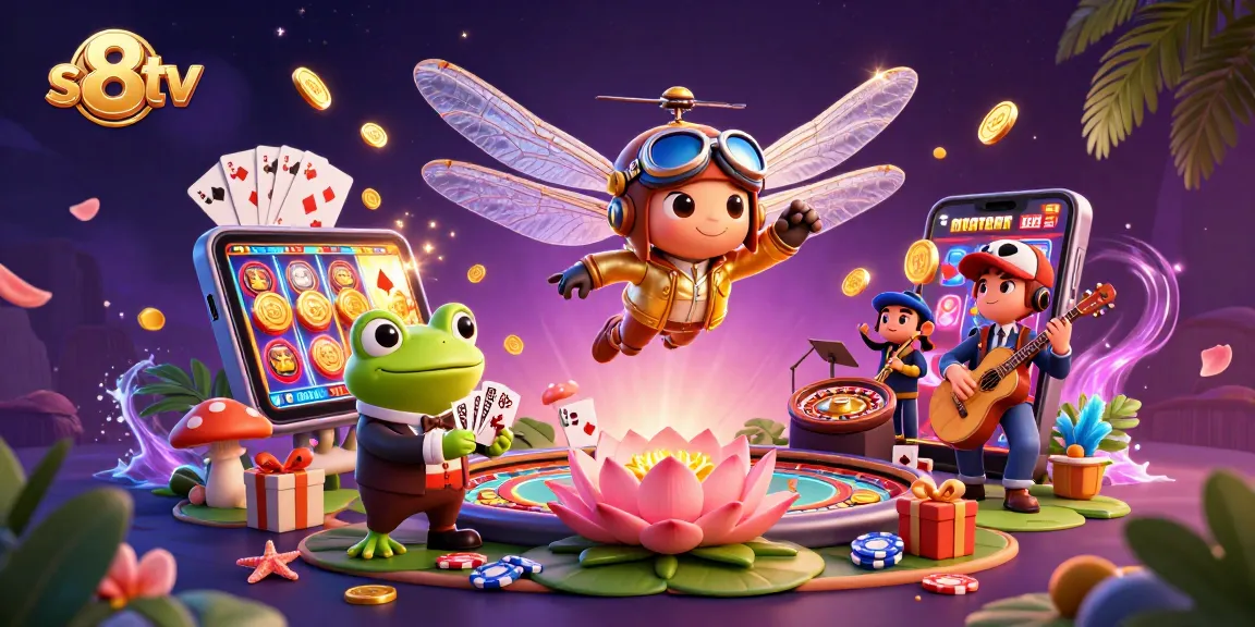 Experience exciting gaming adventures with s8 tv in a vibrant, packed illustration of a lively casino scene.