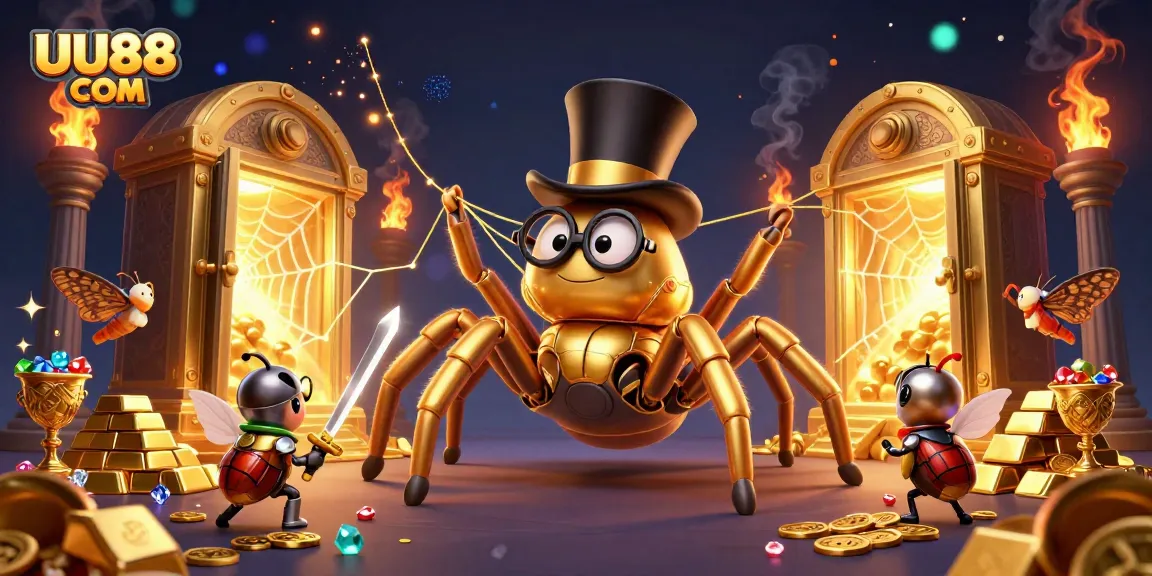 Engage with thrilling games at UU88 COM, featuring a giant golden tarantula and beetle knight in a magical casino-themed scene.