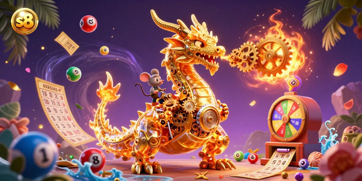 S8 attracts players in this vibrant 3D casino illustration filled with golden treasures, spinning prizes, and lottery excitement.