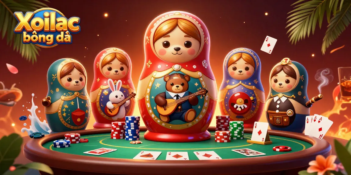 Xoilac bóng đá showcases a vivid 3D illustration of a Matryoshka bear and casino dealers in an engaging gaming environment.