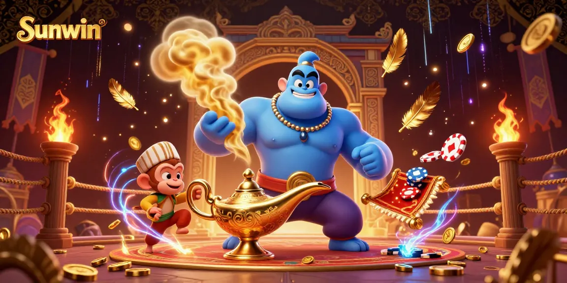 Experience Sunwin's magic with vibrant casino-themed Genie and monkey amidst chips and glowing treasures.