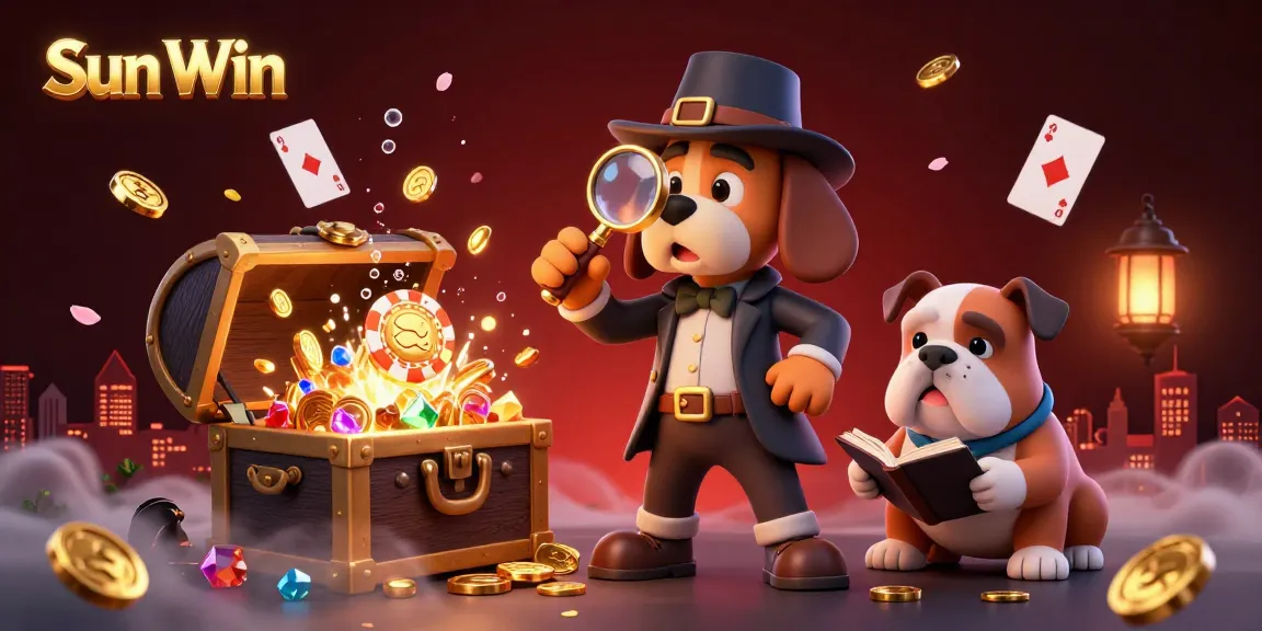 Experience thrilling gaming action with Sun Win, as a detective uncovers poker chip clues and treasures in this dynamic 3D scene.