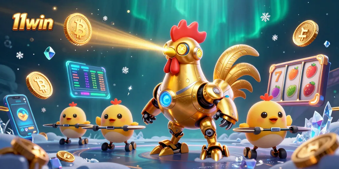 Experience thrilling action at 11win with golden rooster robot and vibrant crypto elements.
