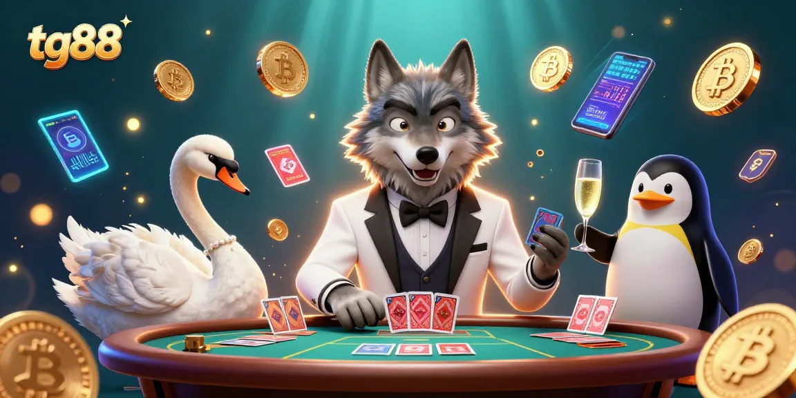 Experience thrilling games at tg88 with a debonair wolf, elegant swan, and sophisticated penguin at a baccarat table.