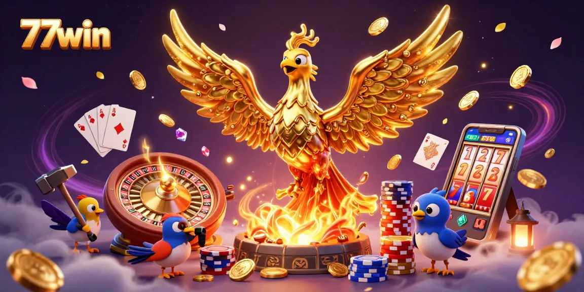 Experience the excitement of 77win with a vivid 3D casino scene showcasing a molten golden phoenix and gaming elements.