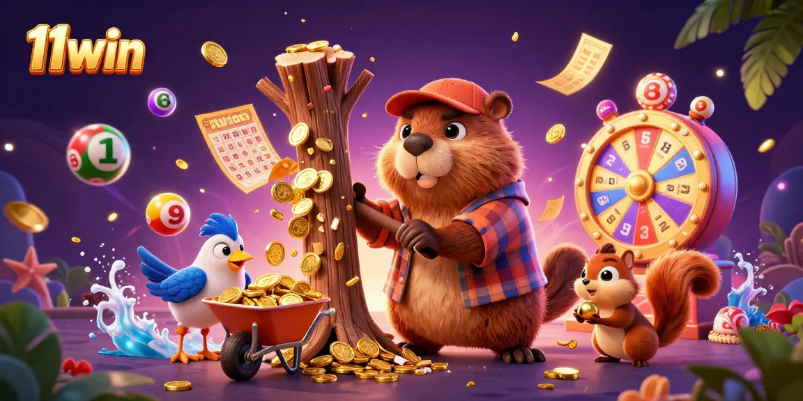 Win with 11win while a beaver and friends collect coins in an exciting game scene.