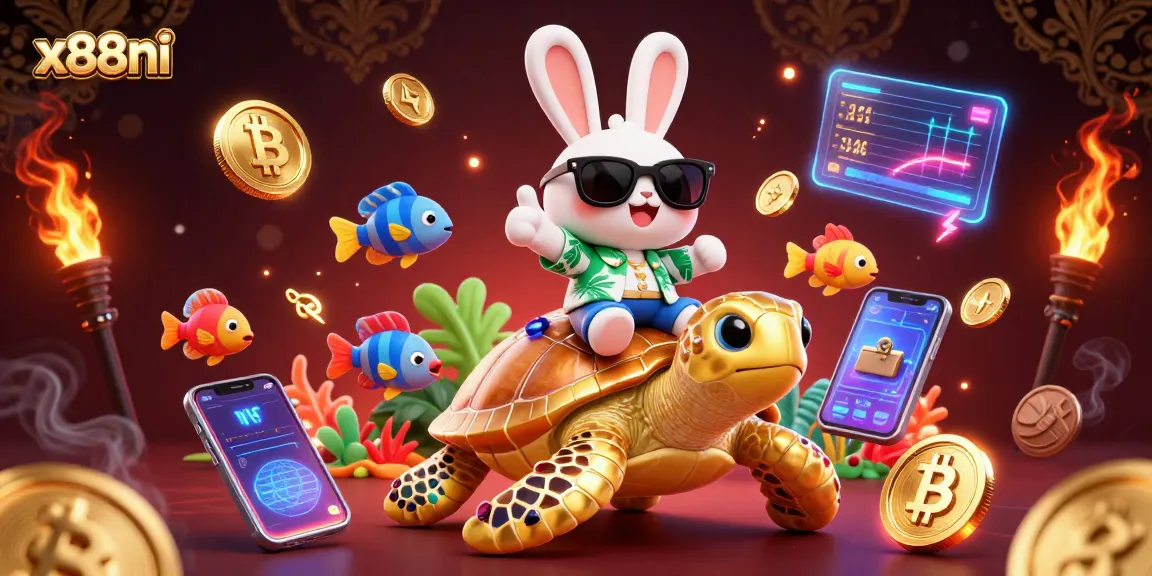 Experience gaming excitement with x88ni's lucky rabbit and golden sea turtle in a vibrant casino scene.