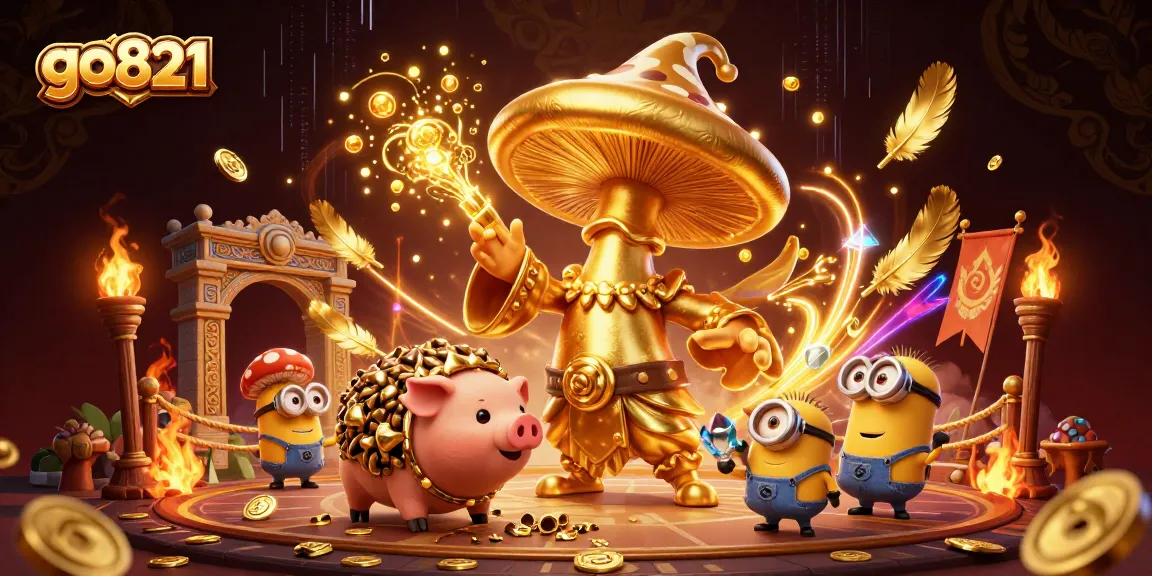 Engage in exciting gameplay at go821, featuring a magical golden mushroom wizard and treasure-hunting pig.