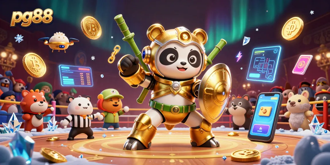 Experience intense action with the pg88 arena featuring a mech-suit panda and cryptocurrency elements.