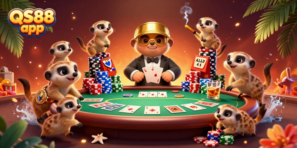 Experience exciting gameplay with QS88 app featuring meerkats running a vibrant casino scene.