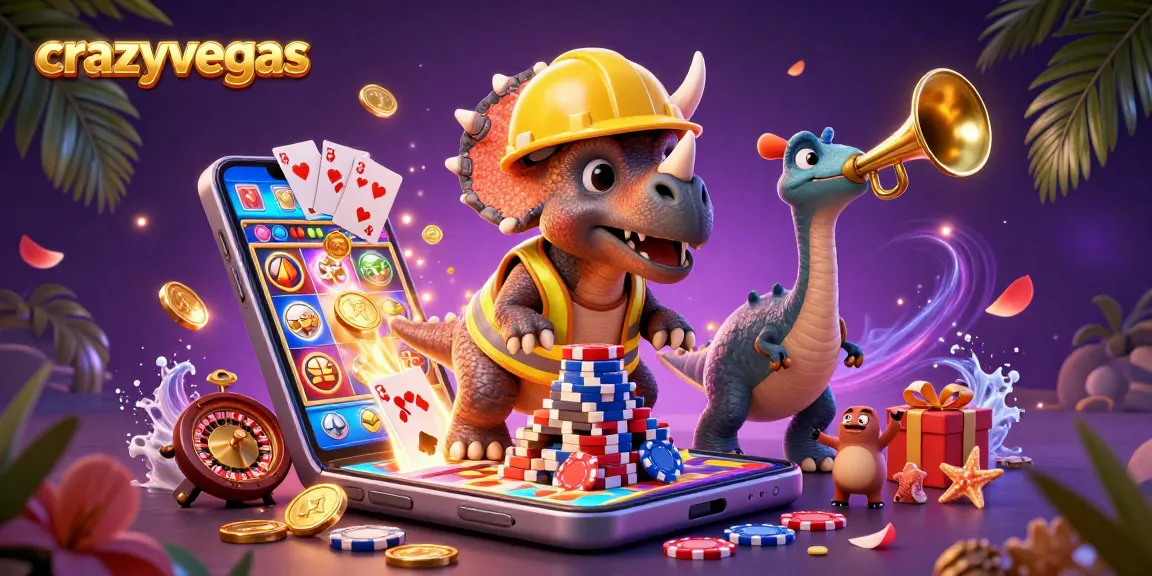 Experience the exciting scene at crazyvegas featuring a triceratops building poker chips with a cheerful parasaurolophus.