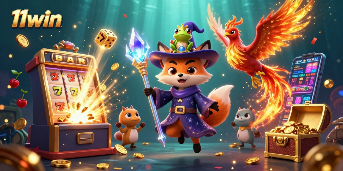 Win jackpots with 11win's enchanting casino adventure featuring a wizard and phoenix.