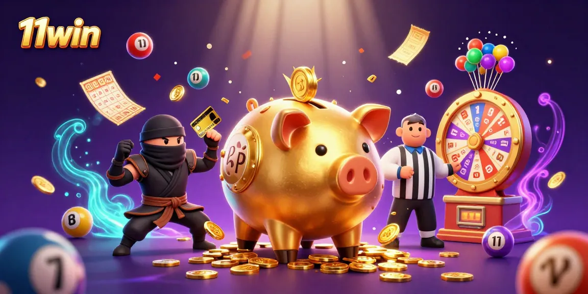 11win showcases a vibrant 3D scene with dynamic characters and exciting lottery game elements.