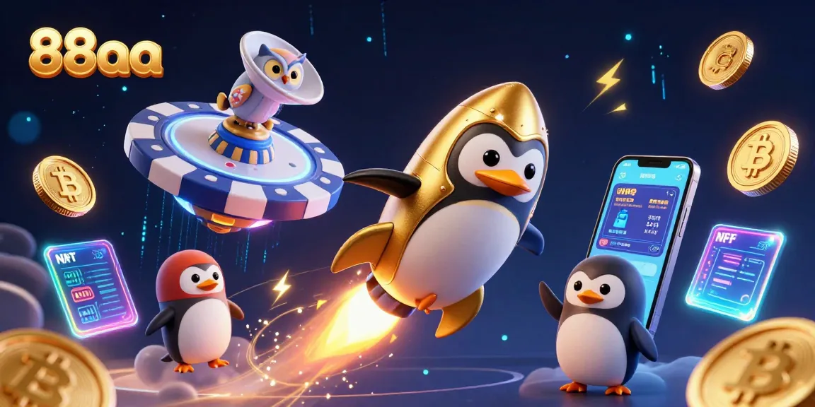 Experience thrilling gaming adventures at 88aa with a dynamic casino scene featuring unique characters and crypto elements.
