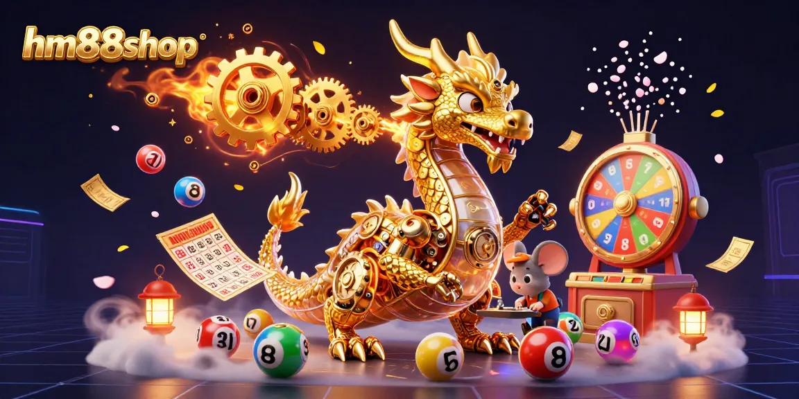hm88shop showcases an engaging casino scene with a biomechanical dragon and vibrant lottery elements.
