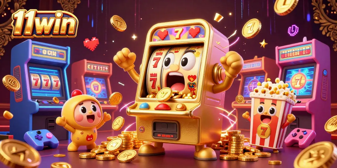 Experience excitement with 11win's golden slot machine winning a jackpot amidst cheering mini slots in a vibrant casino world.