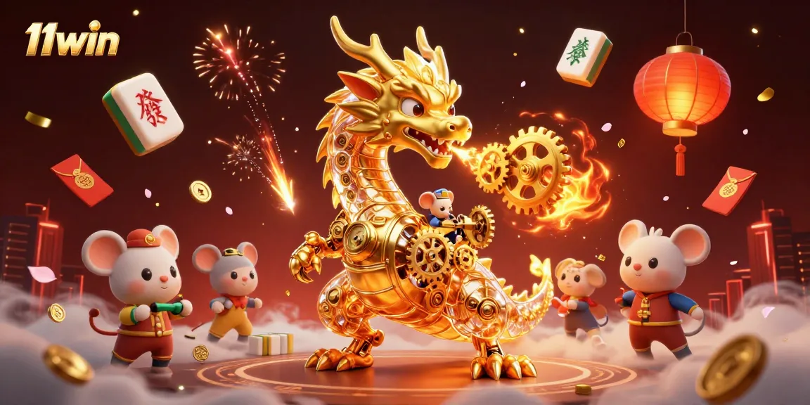 Engage with the thrilling world of 11win casino, featuring a fantasy dragon breathing gears.