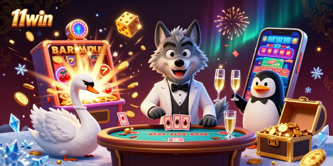 Engage in the excitement of 11win with a lively 3D casino scene featuring a debonair wolf and elegant characters.