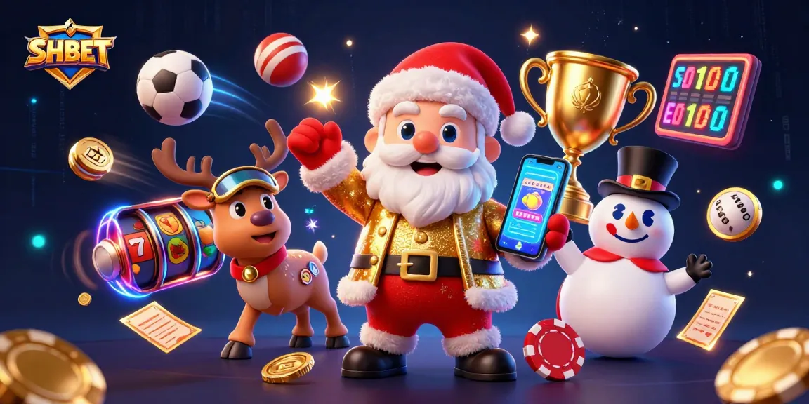 Experience excitement at SHBET with a friendly Santa in a gold casino setting, smartphone jackpot in hand.