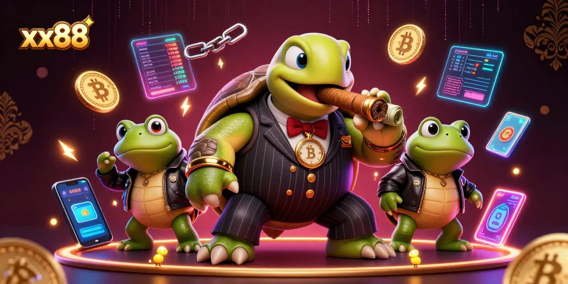 Experience the excitement of xx88 with an action-packed casino scene featuring unique characters and crypto elements.