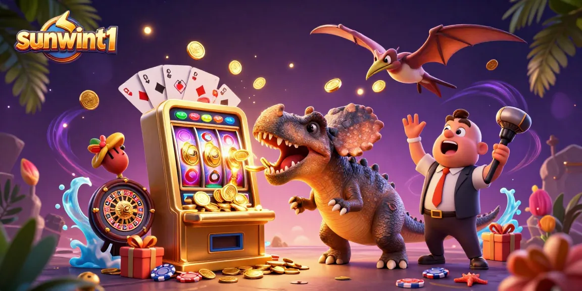 Witness the fun with sunwint1 as a pachycephalosaurus triumphs over a golden slot machine, amidst flowing coins and casino excitement.