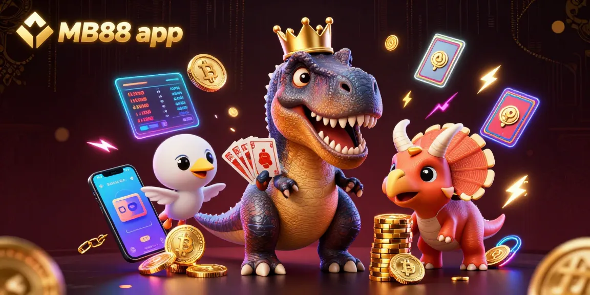 Bet and win big with the thrilling MB88 app, showcasing fun dinosaur gaming elements and crypto coins.