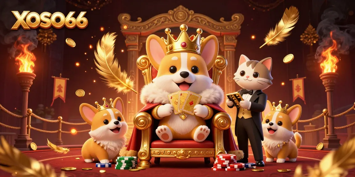 XOSO66 captivates with a royal corgi on a poker chip throne, amidst dynamic gaming symbols and golden elements.
